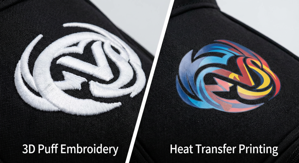 Custom Golf Bag Branding technique comparison of 3D Puff Embroidery versus Heat Transfer Printing on black fabric