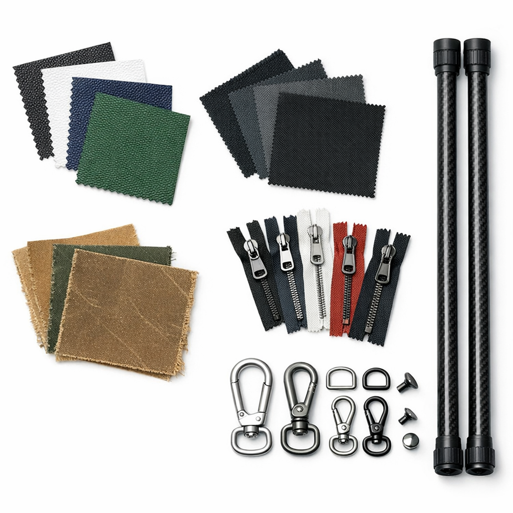 Materials for custom golf bags including PU leather, nylon, and hardware components.