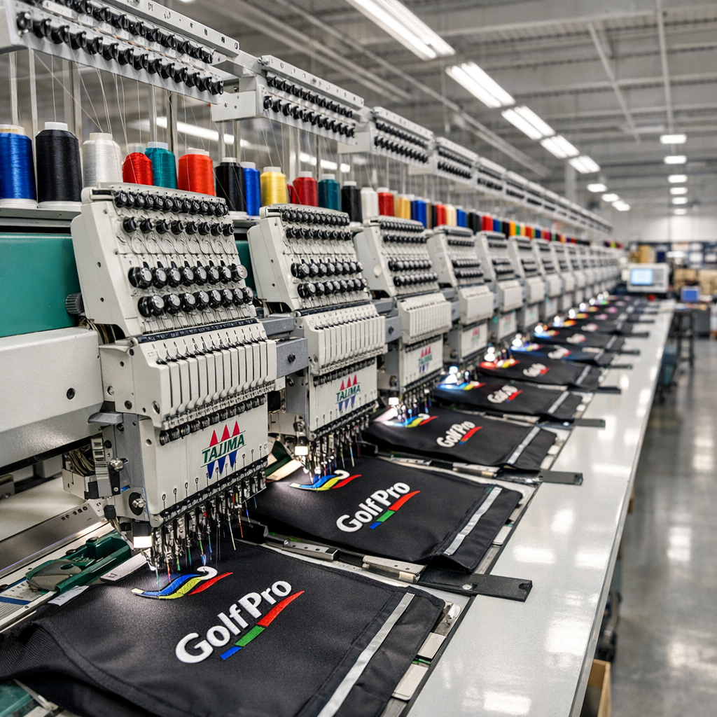 Custom Golf Bag Branding manufacturing process using industrial Tajima embroidery machines at Chengsheng factory