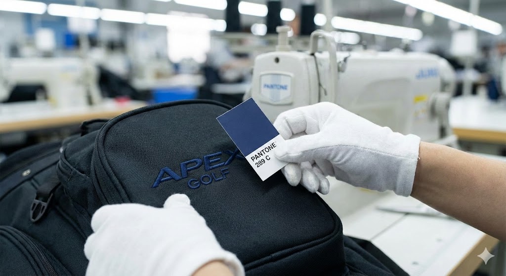 Custom Golf Bag Branding quality control check ensuring Pantone color accuracy on embroidered logos