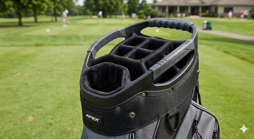 Close-up of an APEX golf bag top featuring integrated grab handles and a multi-way divider with a plush putter well