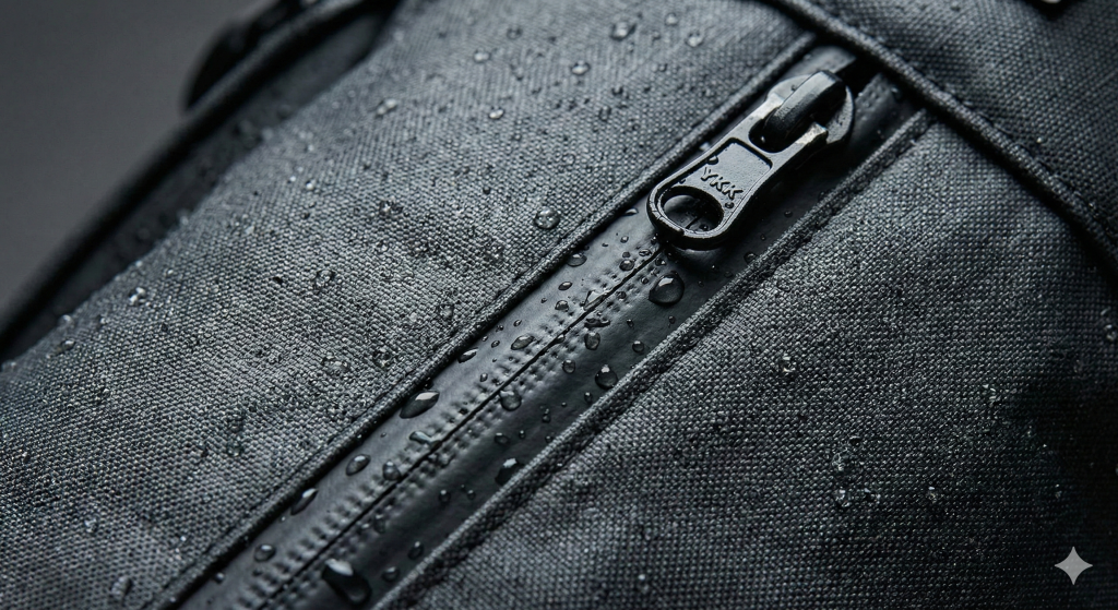 Close-up of waterproof materials and premium zippers used in the best golf bag manufacturing.
