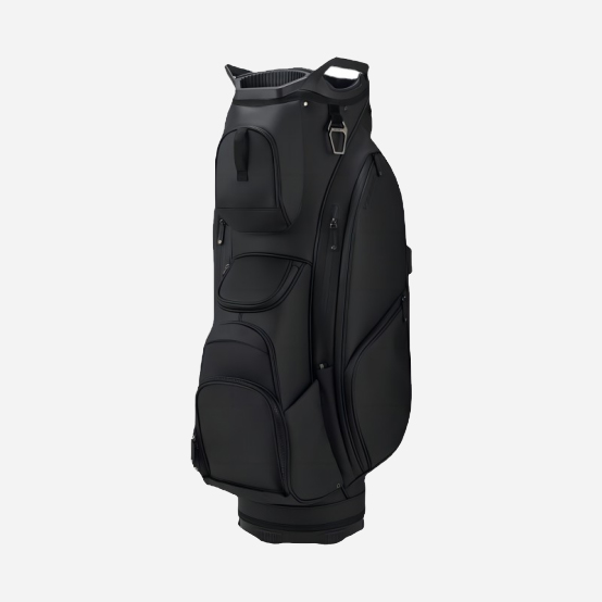 Black golf cart bag with multiple pockets and side storage