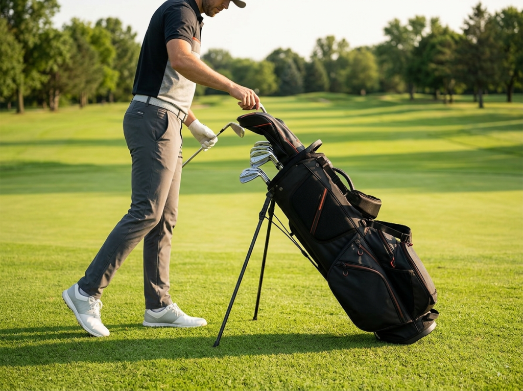 A professional golfer using a durable golf stand bag on a premium golf course, highlighting the 5-year longevity benchmark of high-quality golf gear.