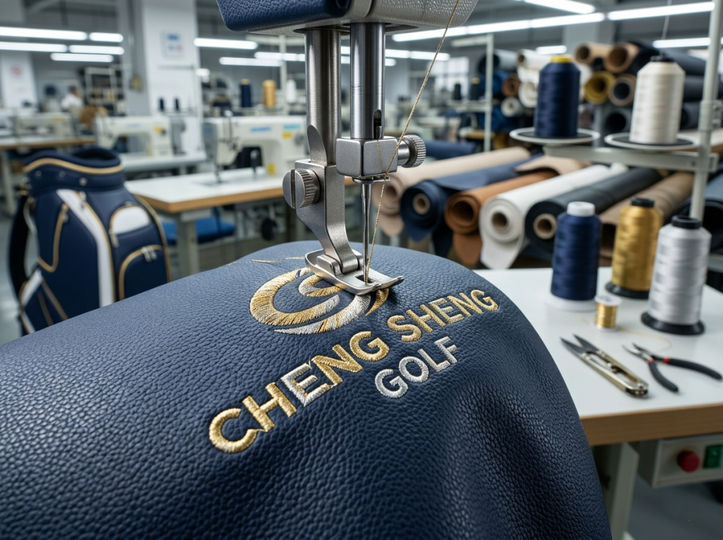 custom-golf-bag-manufacturer-embroidery-process Close-up of an industrial sewing machine embroidering a "CHENG SHENG GOLF" logo in gold and silver thread onto navy blue pebbled leather.
