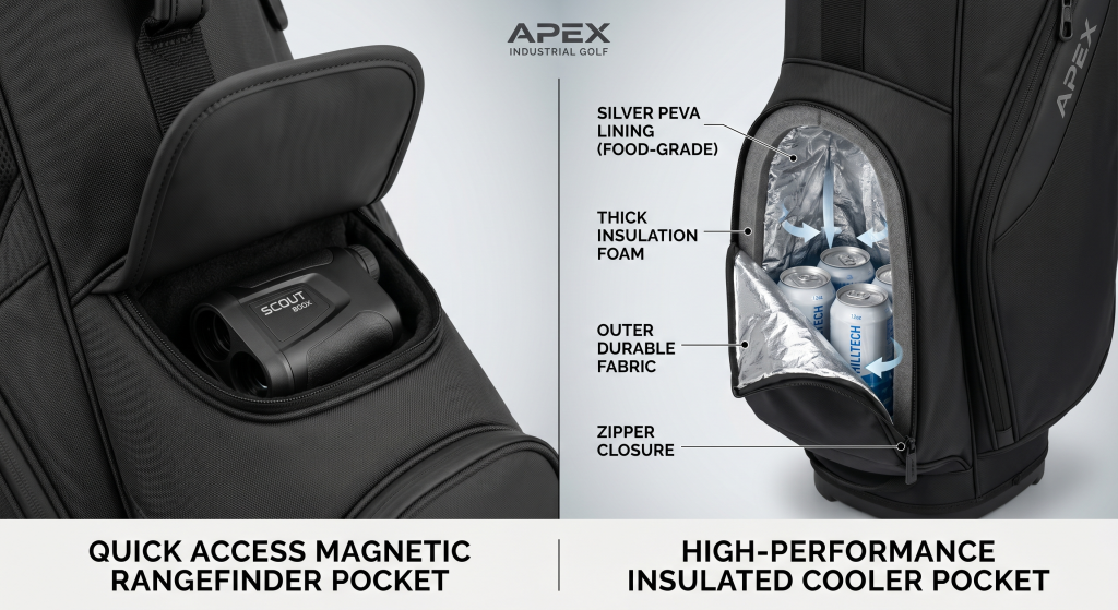 Detail view of specialized golf bag compartments: a magnetic closure rangefinder pocket and an insulated cooler pocket with thermal lining.
