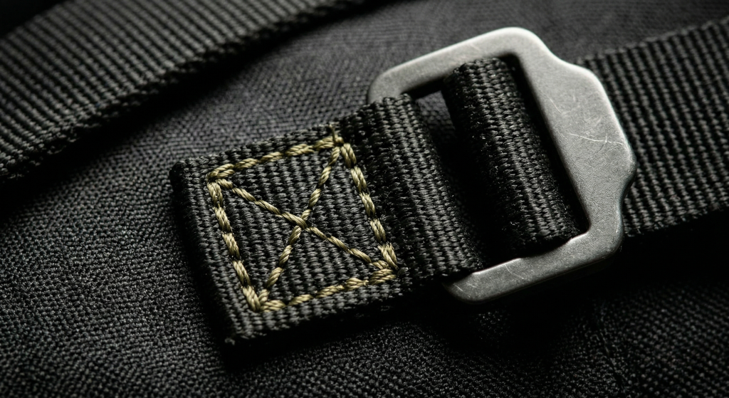 Close-up macro shot of a durable matte black metal buckle threaded with heavy-duty black nylon webbing. Precision X-box reinforced stitching in olive green highlights the high-tensile, quality construction suitable for premium bag design and tactical gear applications.