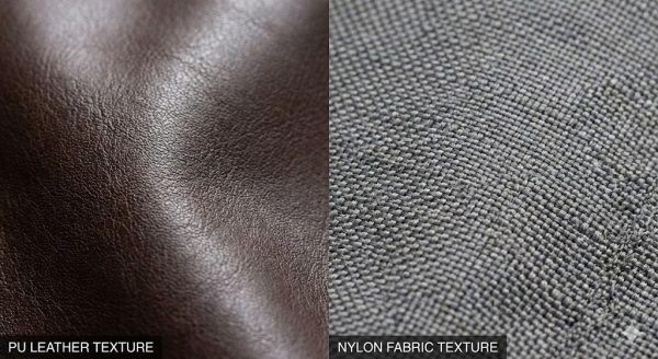 Split image displaying the detailed textural differences between brown PU synthetic leather and grey nylon textile.