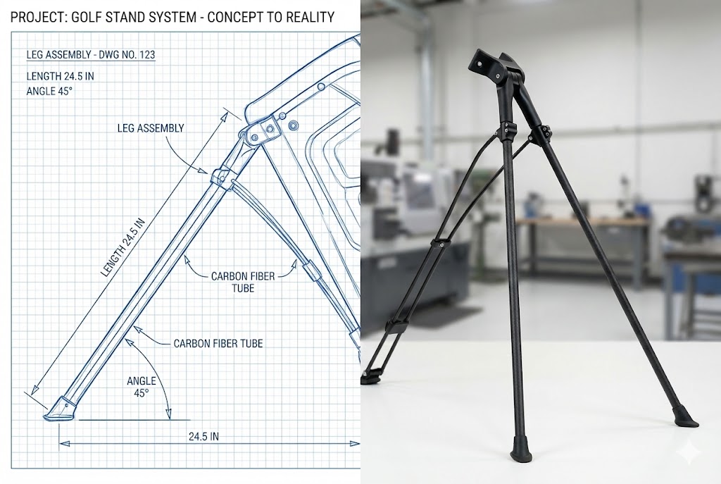 Engineering comparison showing a CAD blueprint and the finished carbon fiber stand system for custom golf bags.