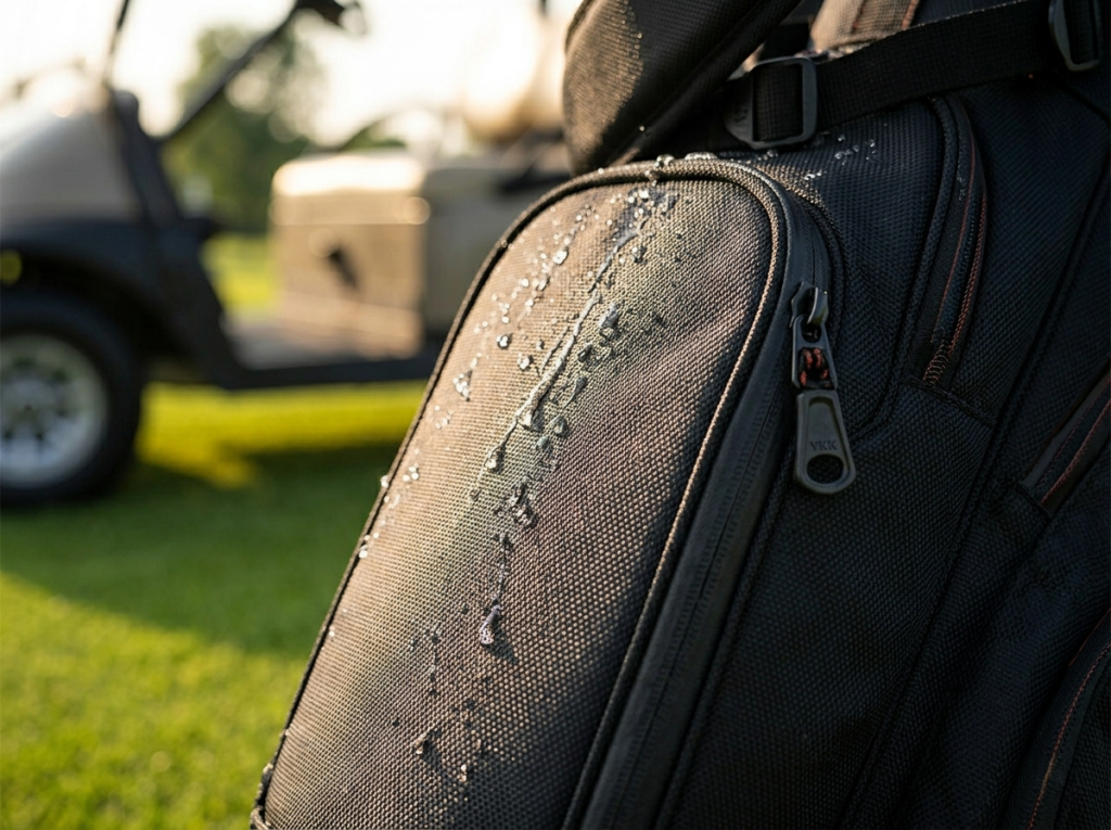 waterproof-golf-stand-bag-materials-1680d-nylon Close-up of waterproof golf stand bag materials showing 1680D ballistic nylon and water-resistant YKK zippers with water droplets on the surface.