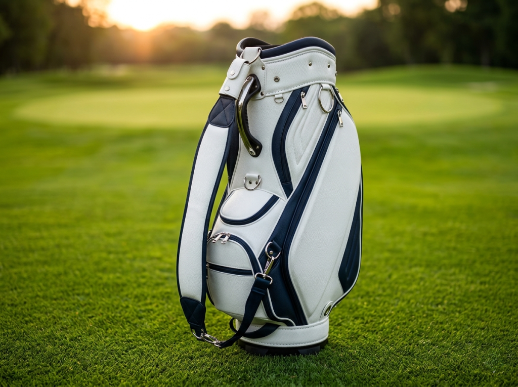 Golf bag OEM Close-up of a premium white leather golf stand bag with blue accents and a single shoulder strap, positioned on a green golf course green at sunset